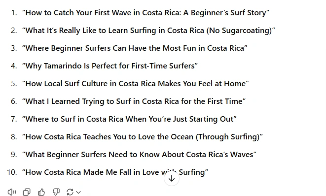 A list of article titles about learning to surf in Costa Rica.