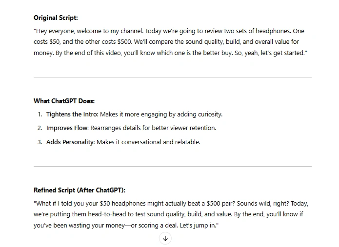 A demonstration of ChatGPT refining a video script.