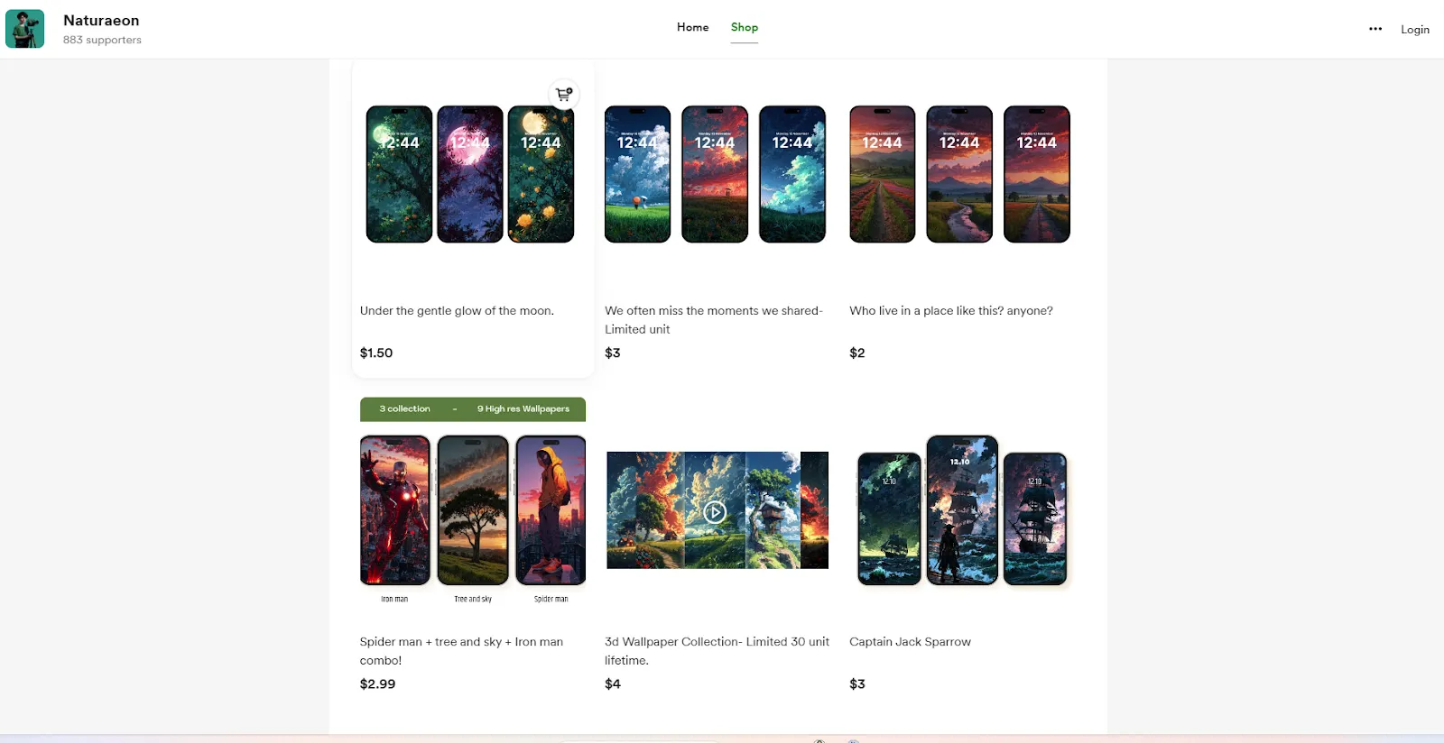 Naturaeon's shop interface.