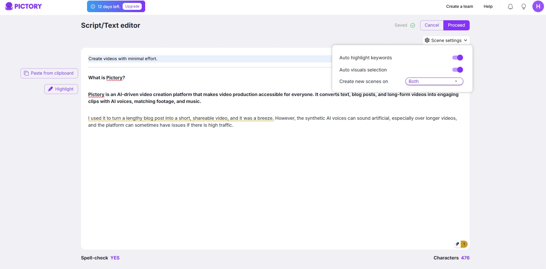 Pictory's text editor interface.