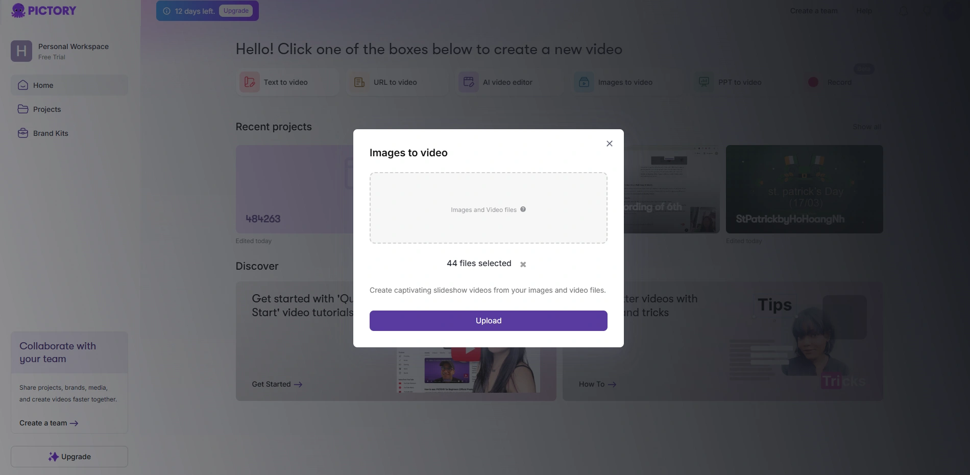 Pictory's image to slideshow interface.