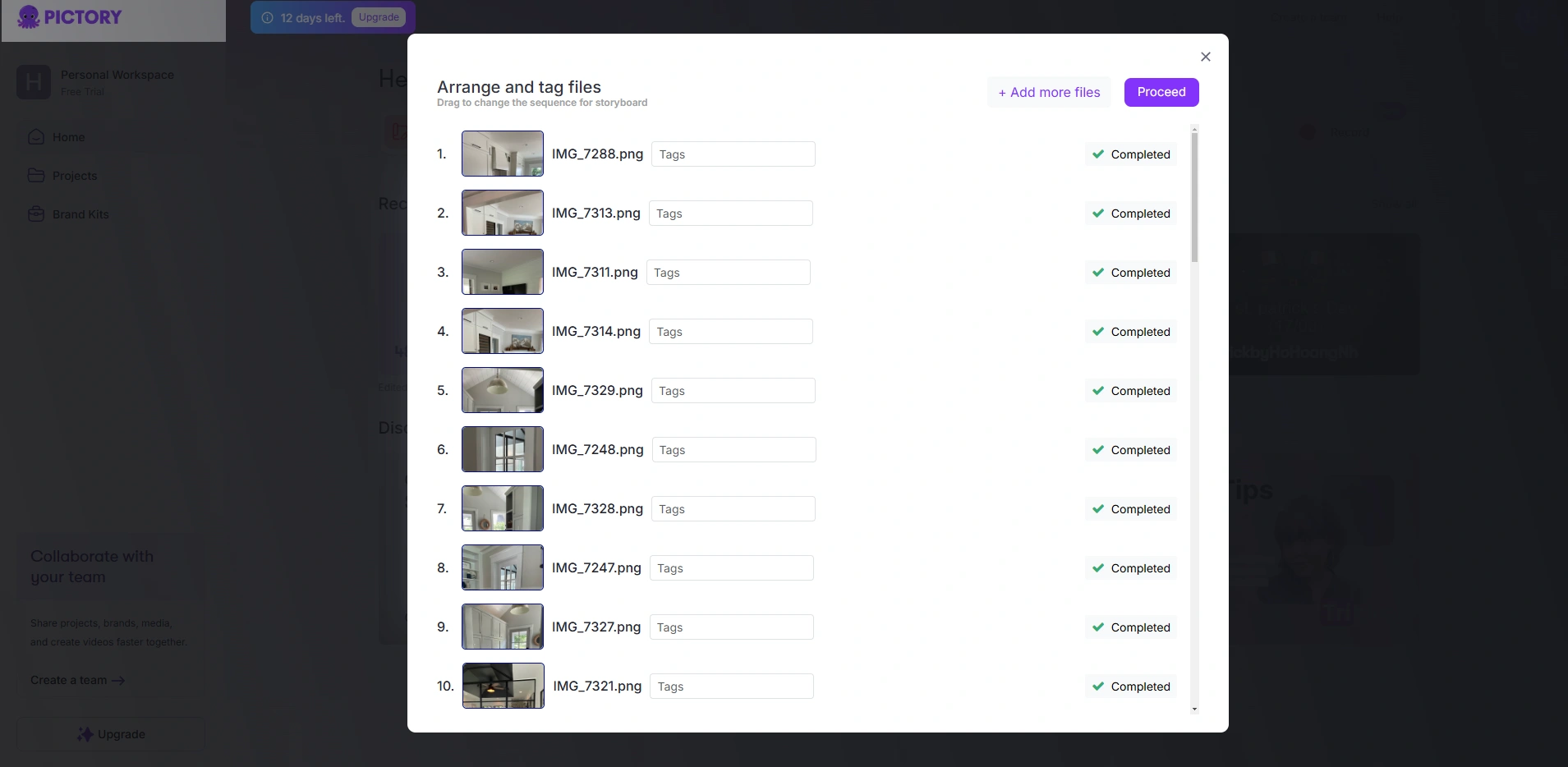 Pictory's list of image files interface.