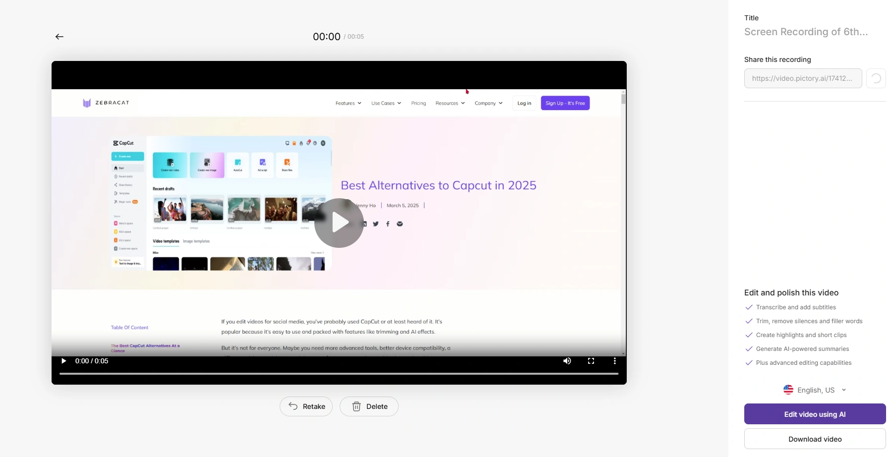 Pictory's video editing interface.