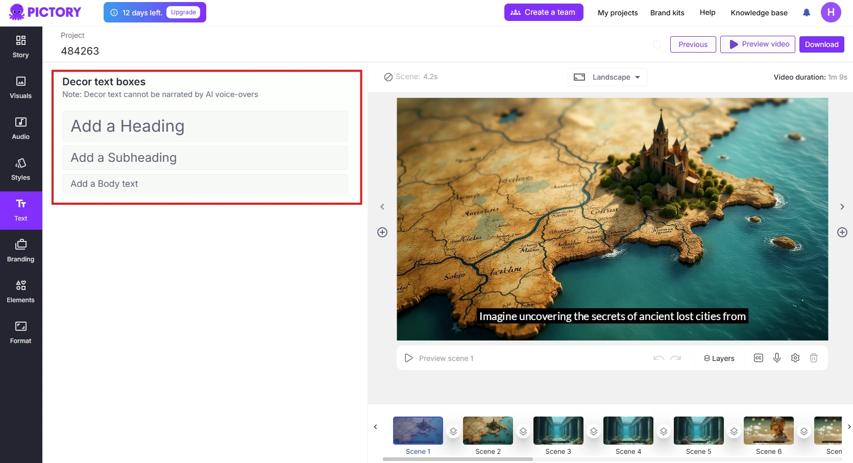 Pictory's text selection page.
