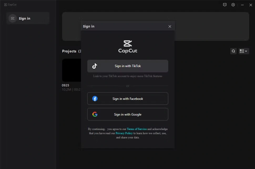 CapCut's login page.