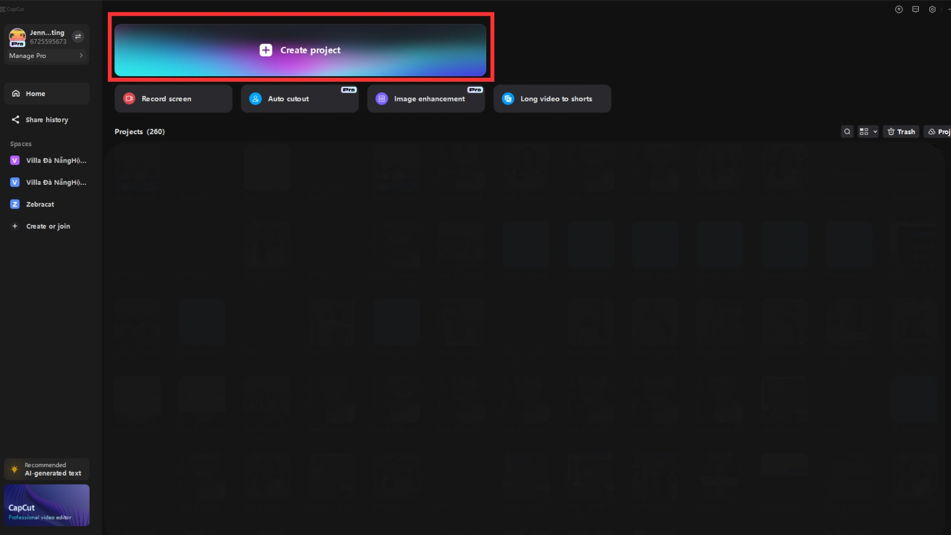 CapCut's project creation interface.
