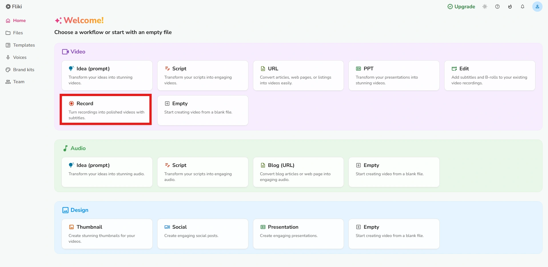 Flicki's user interface highlighting "Record".