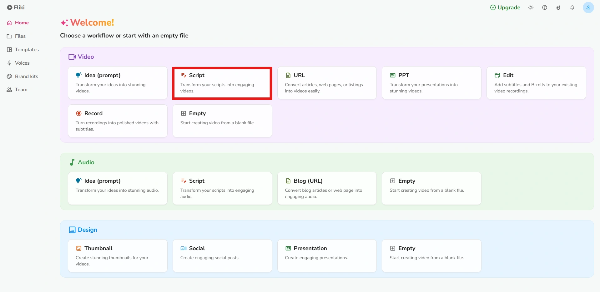 Fliki app showing options to create videos, audio, and designs, with a focus on the "Script".