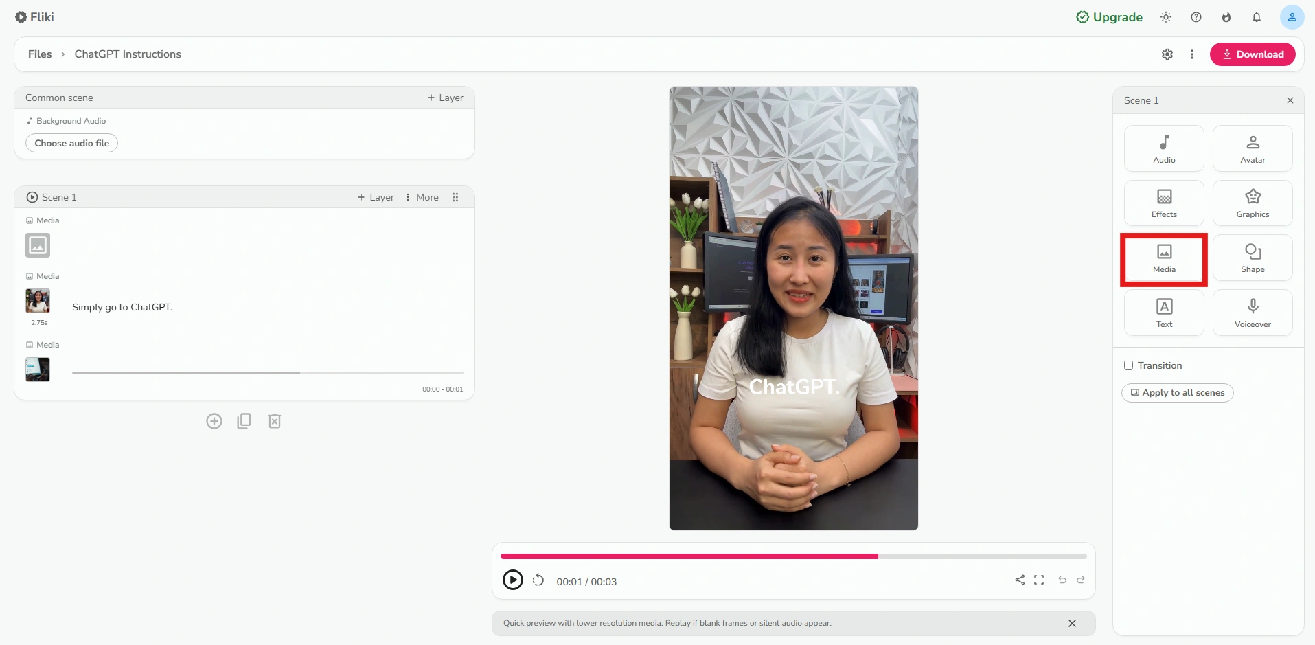 Fliki's editor page highlighting media tab.