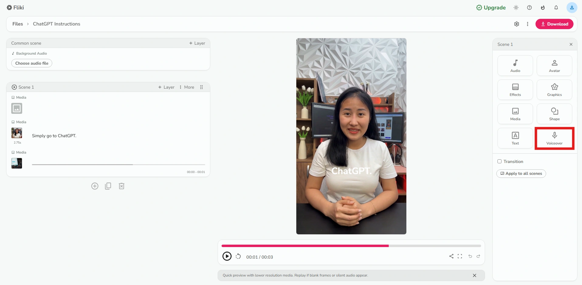 Fliki's editor page highlighting voiceover tab.