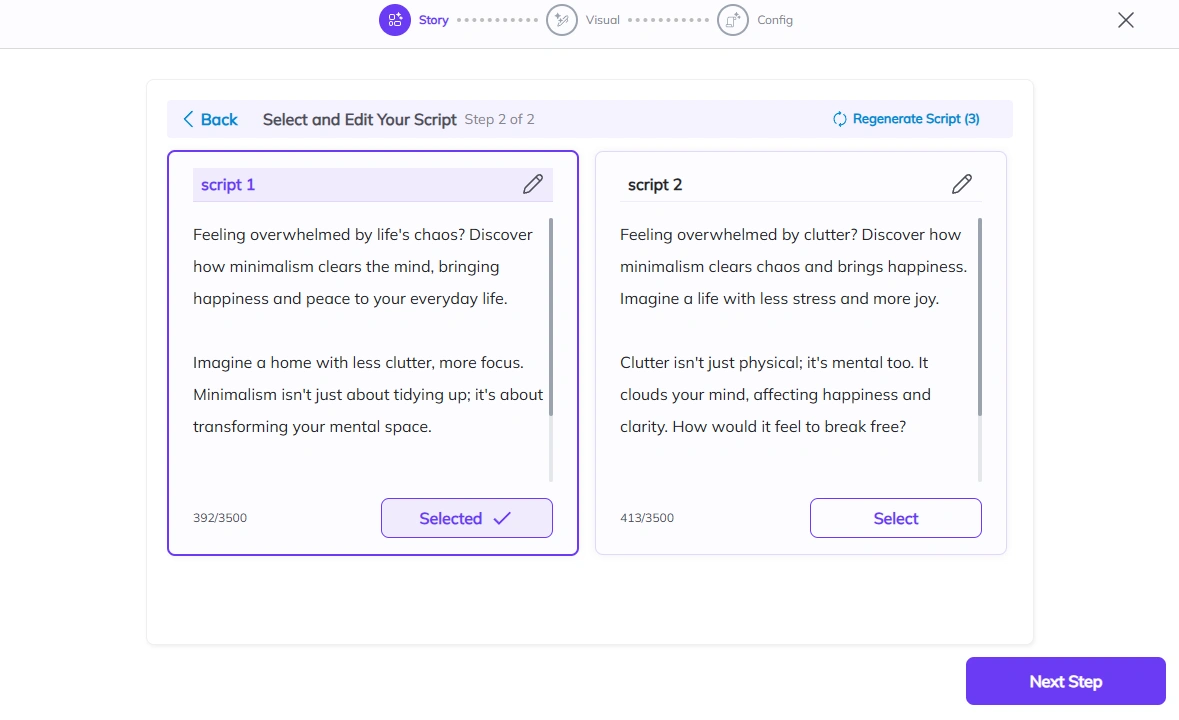Zebracat script selection step with editing.