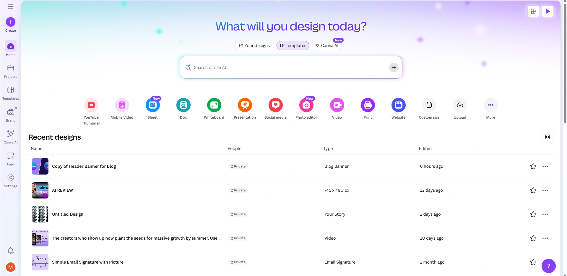 Canva design panel with templates and search.
