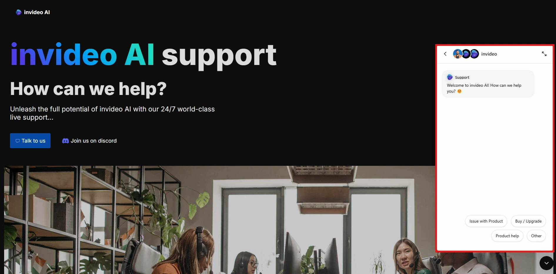 InVideo AI help page with messaging popup.