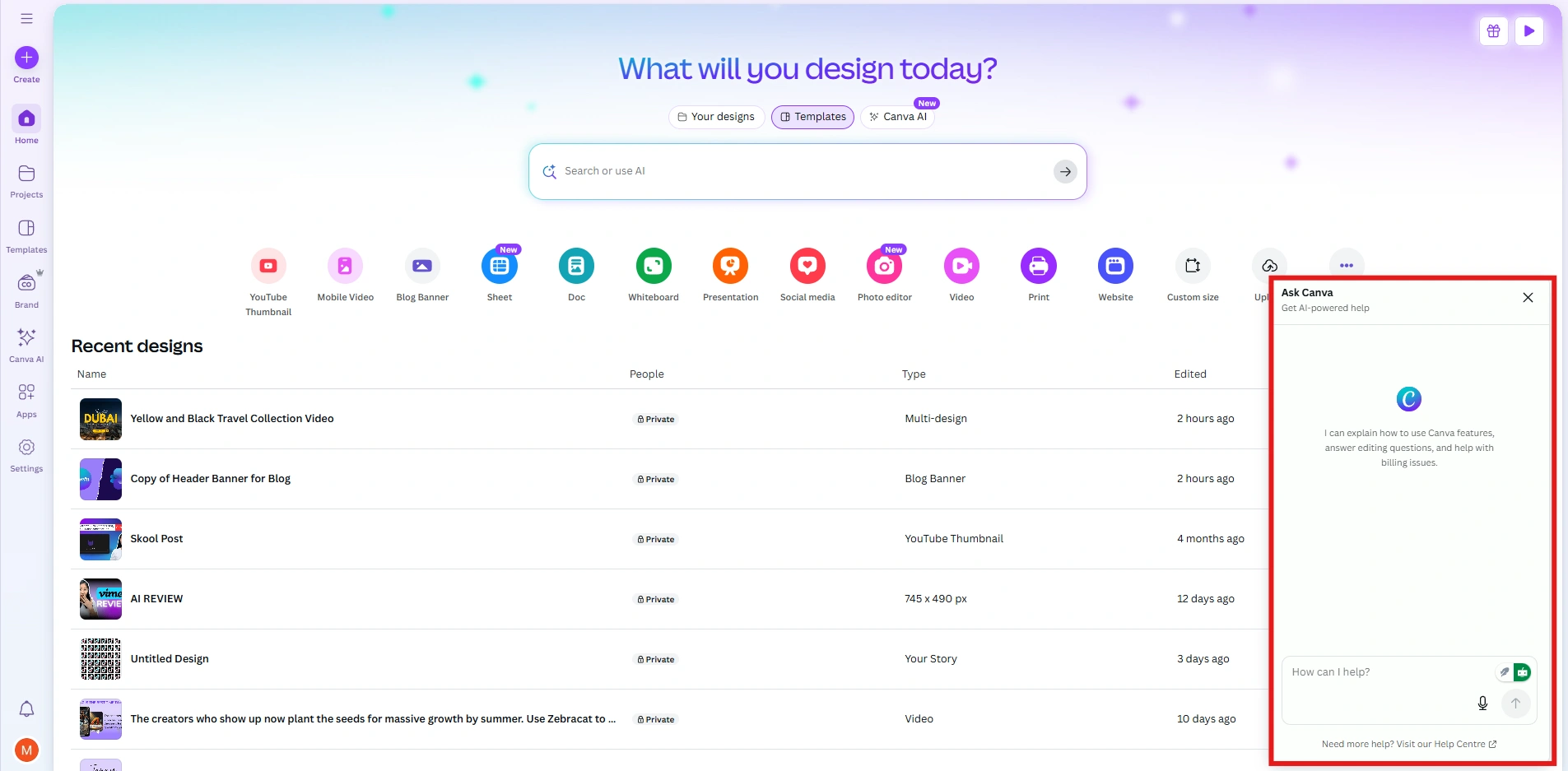 AI assistant open on Canva homepage screen.