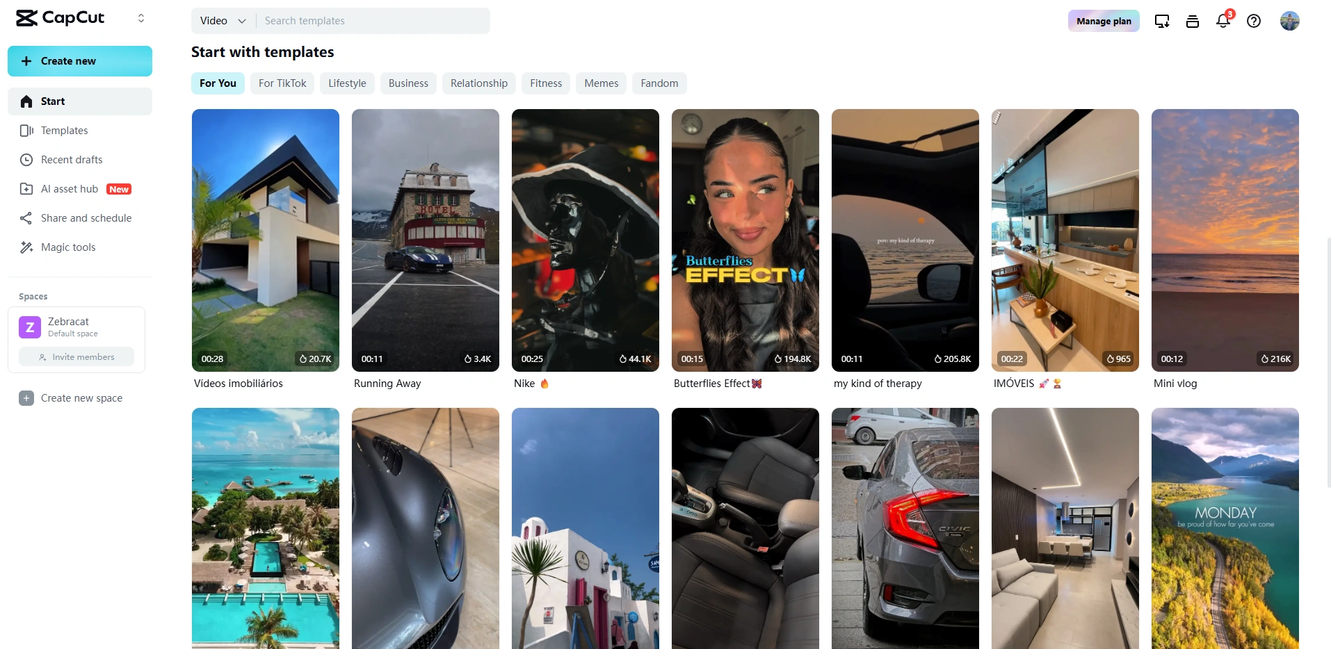 CapCut dashboard with trending video template grid.