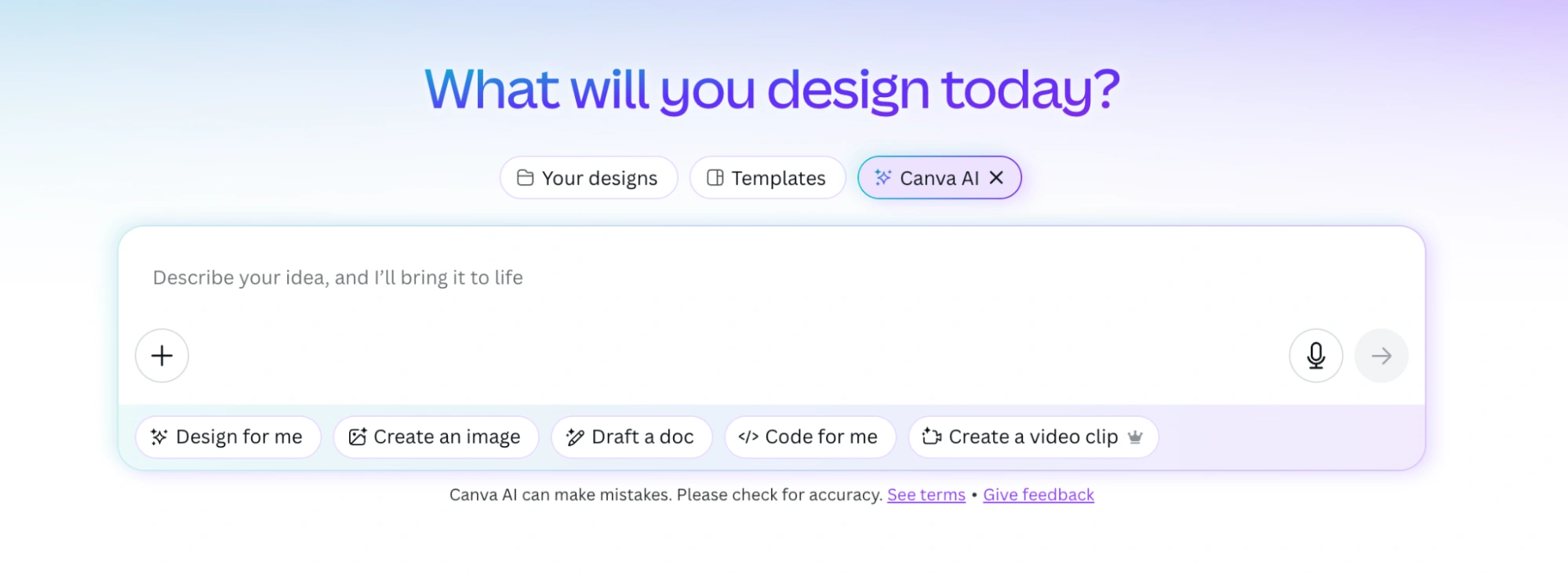 Canva AI interface with a search bar.
