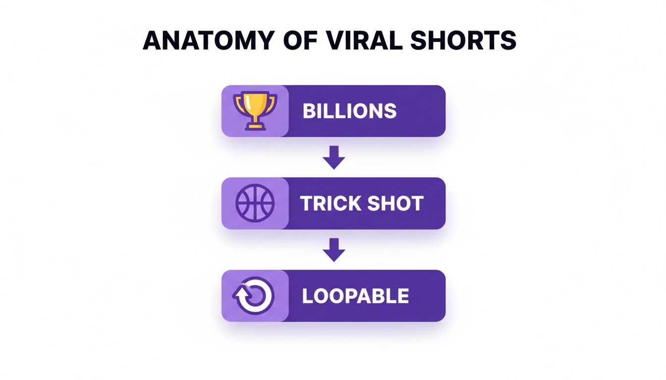Flowchart illustrating the anatomy of viral shorts, featuring billions, trick shot, and loopable content.