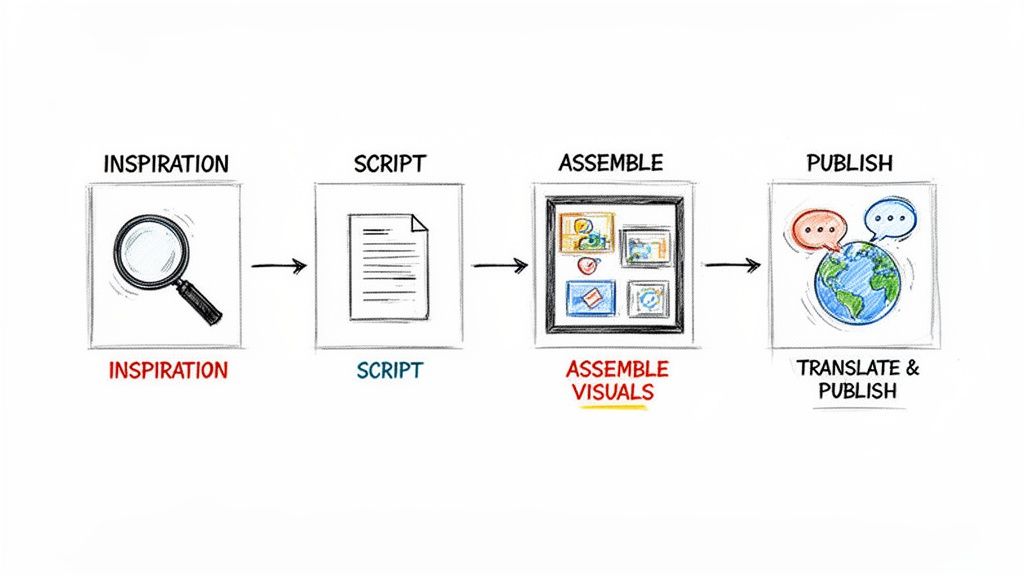 A visual four-step creative process from inspiration and scripting to assembling visuals and publishing.
