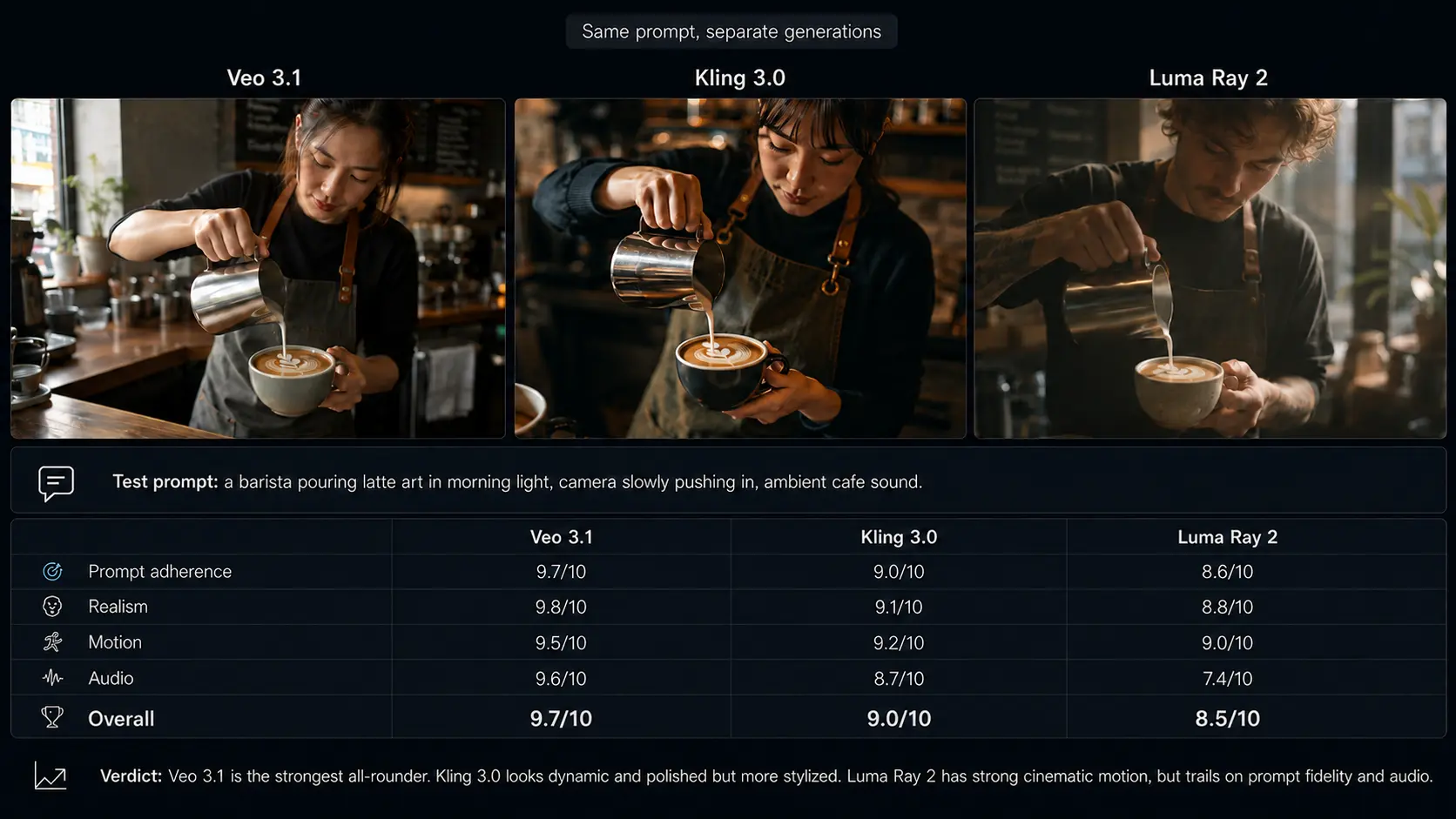Veo 3.1 vs Kling 3.0 vs Luma Ray 2 comparison: same barista prompt scored on prompt adherence, realism, motion, and audio