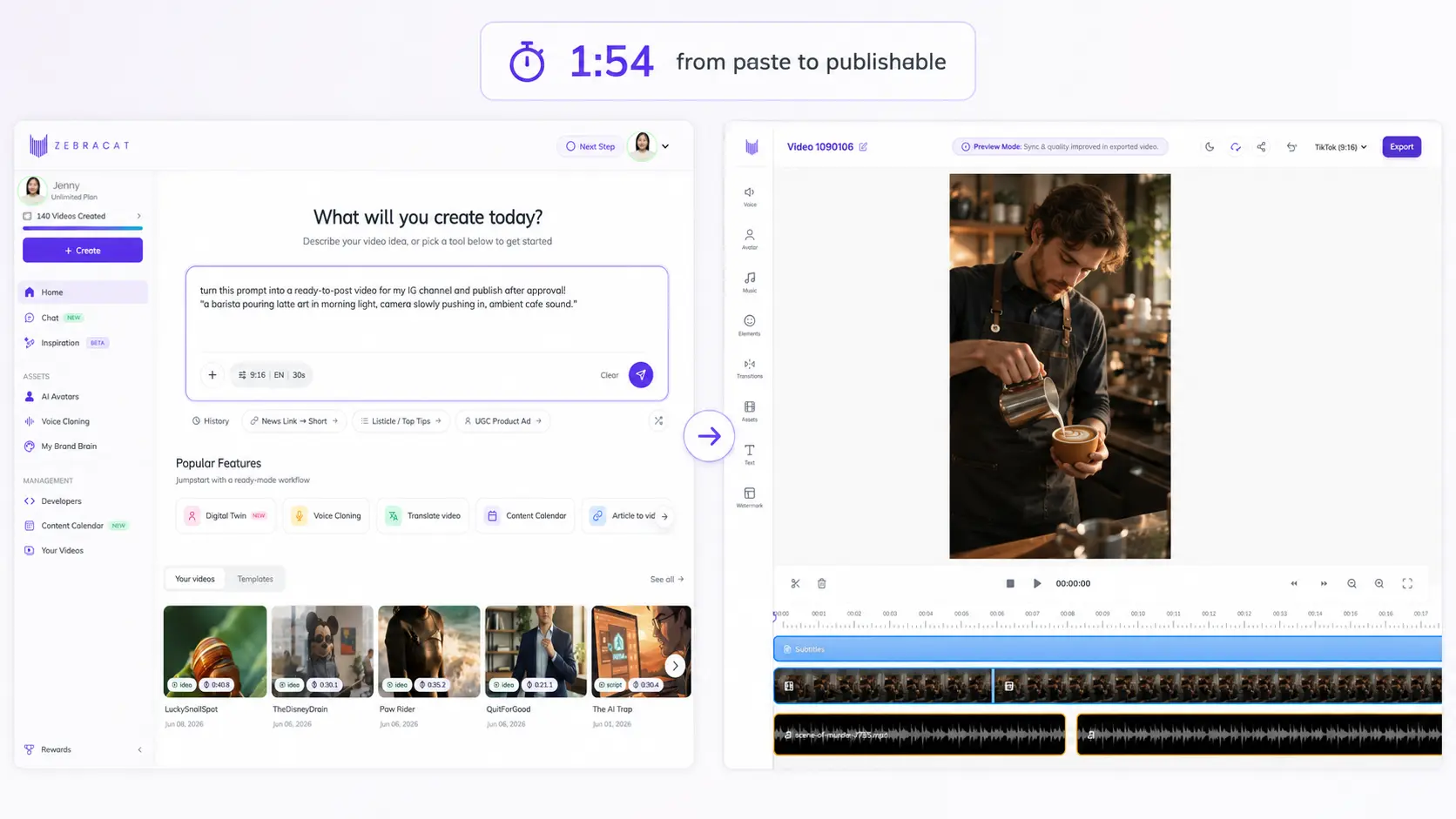 Zebracat test: barista prompt turned into a ready-to-post 30-second vertical video with captions and audio in 1 minute 54 seconds