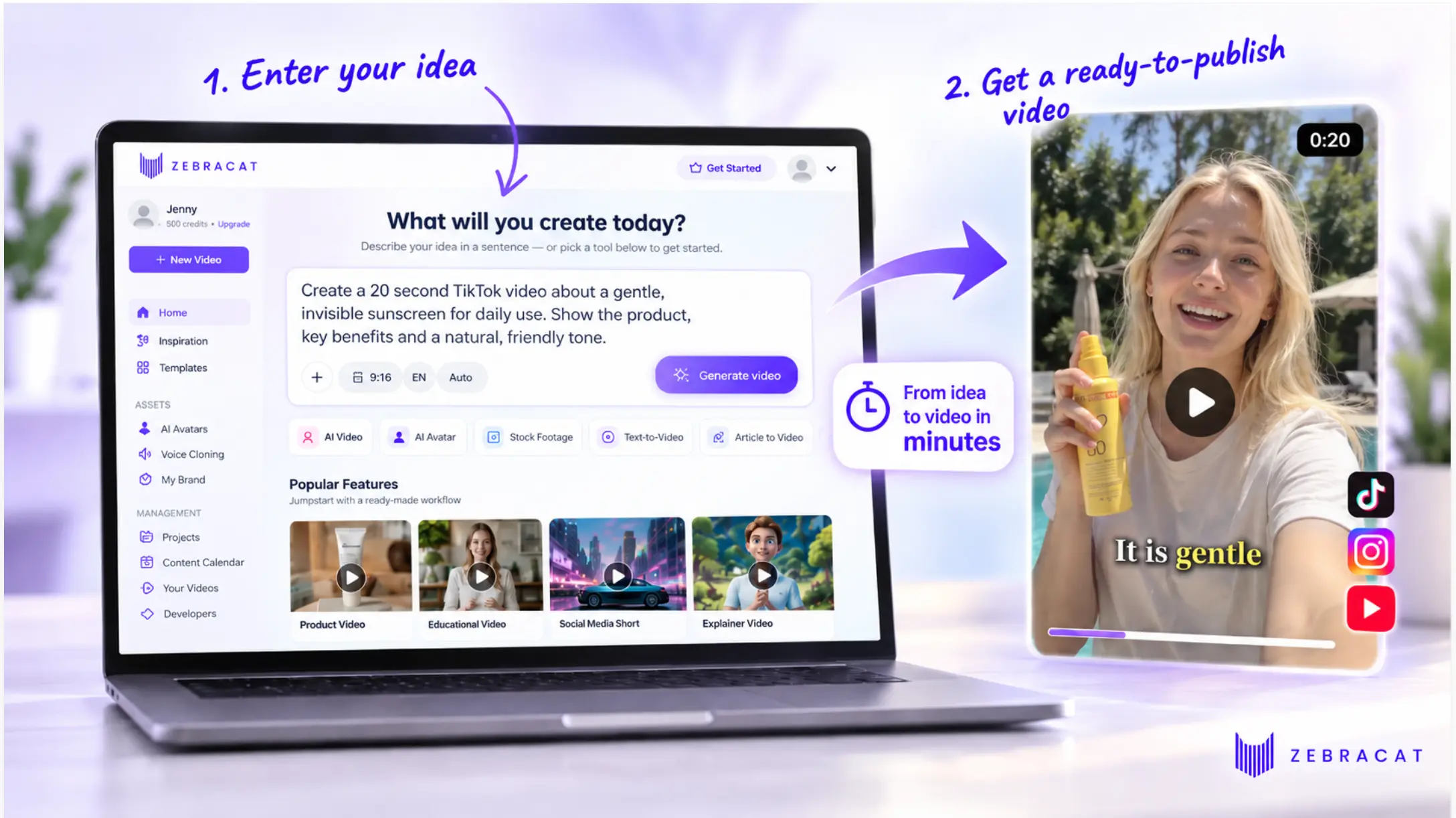 Zebracat: type an idea, get a ready-to-publish social video with voiceover and captions