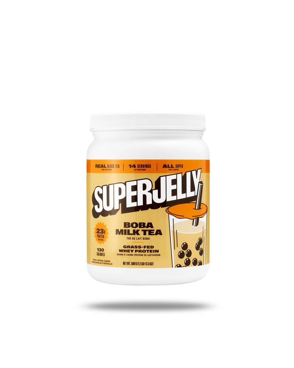 A white container of SuperJelly with a straw in it.