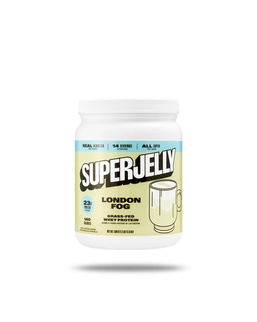 A jar of SuperJelly with a London Fog flavor.