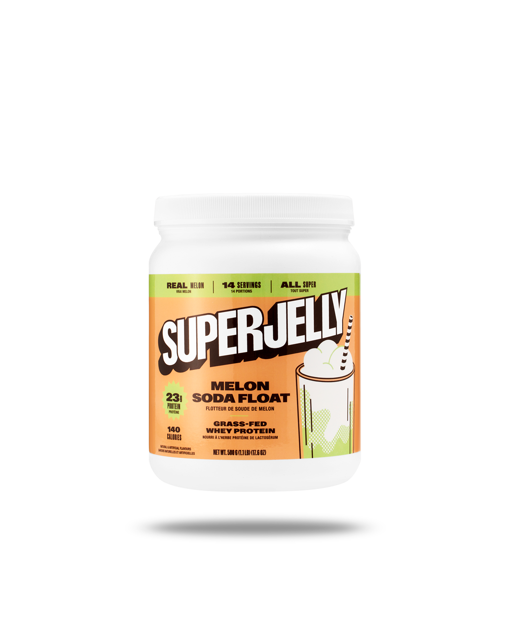 A white container of Super Jelly with a green straw.