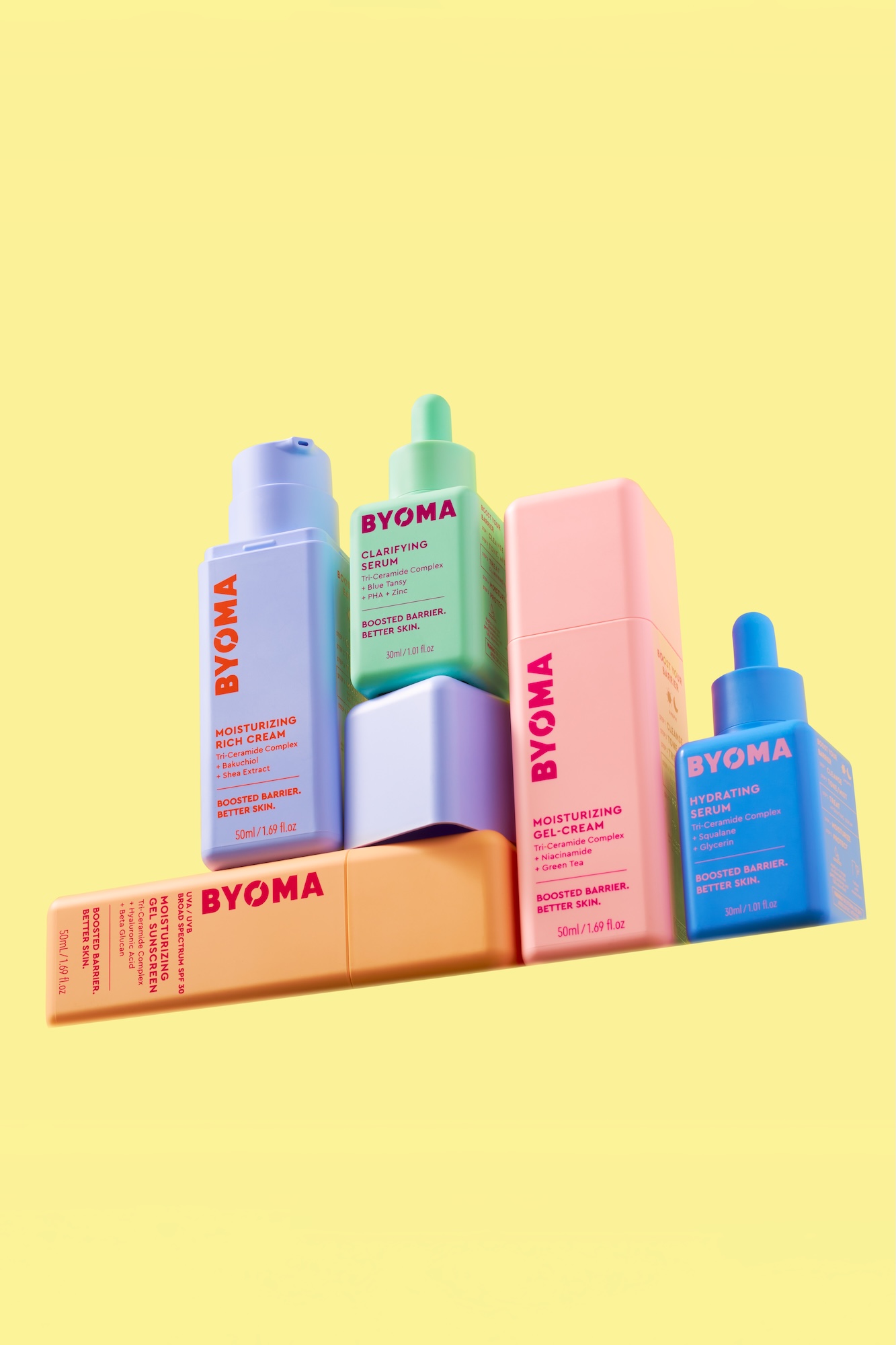 Four bottles of Byoma are stacked on a yellow background.