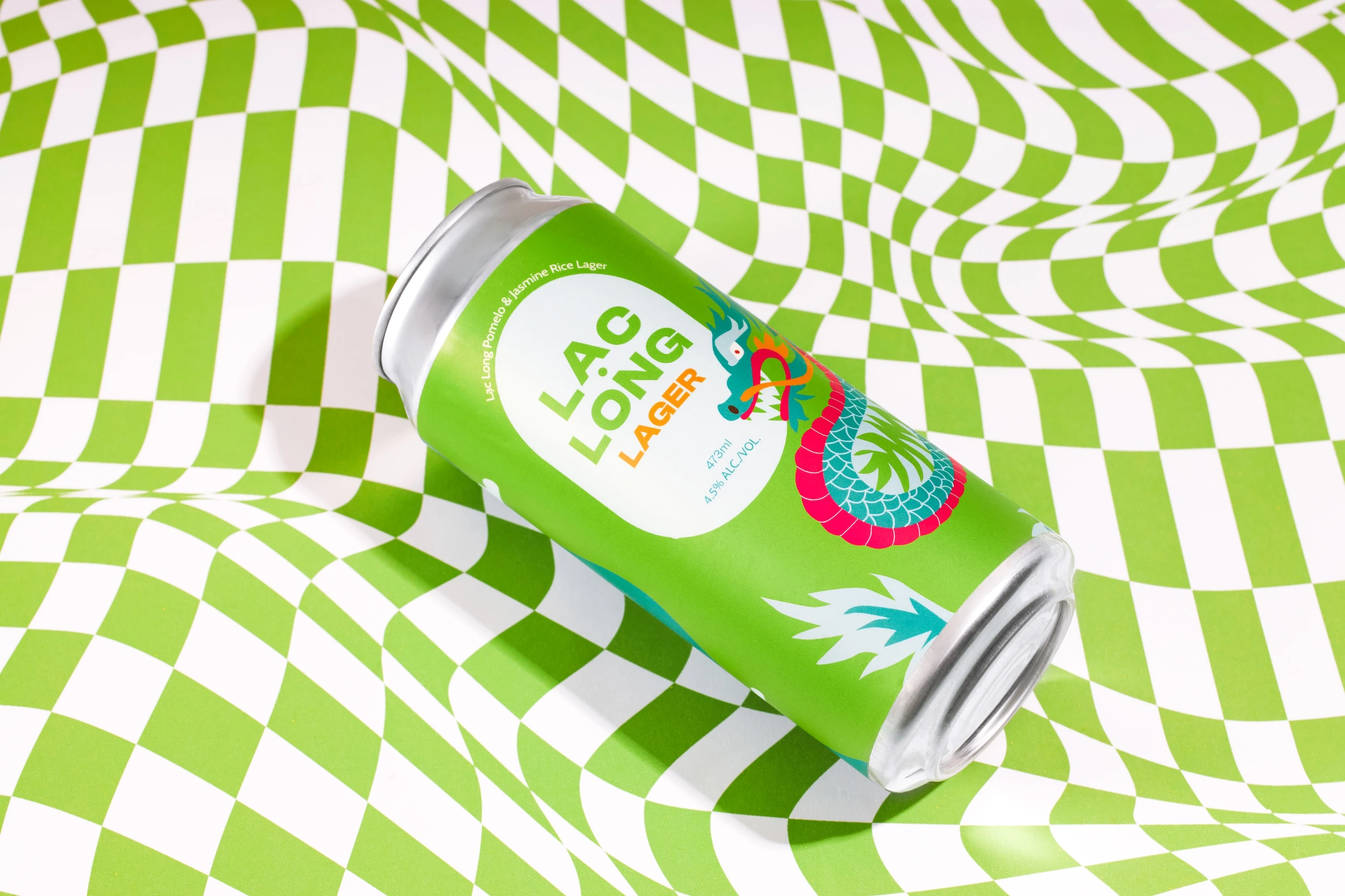 Three cans of Long Dragon Lager are displayed on a green background.
