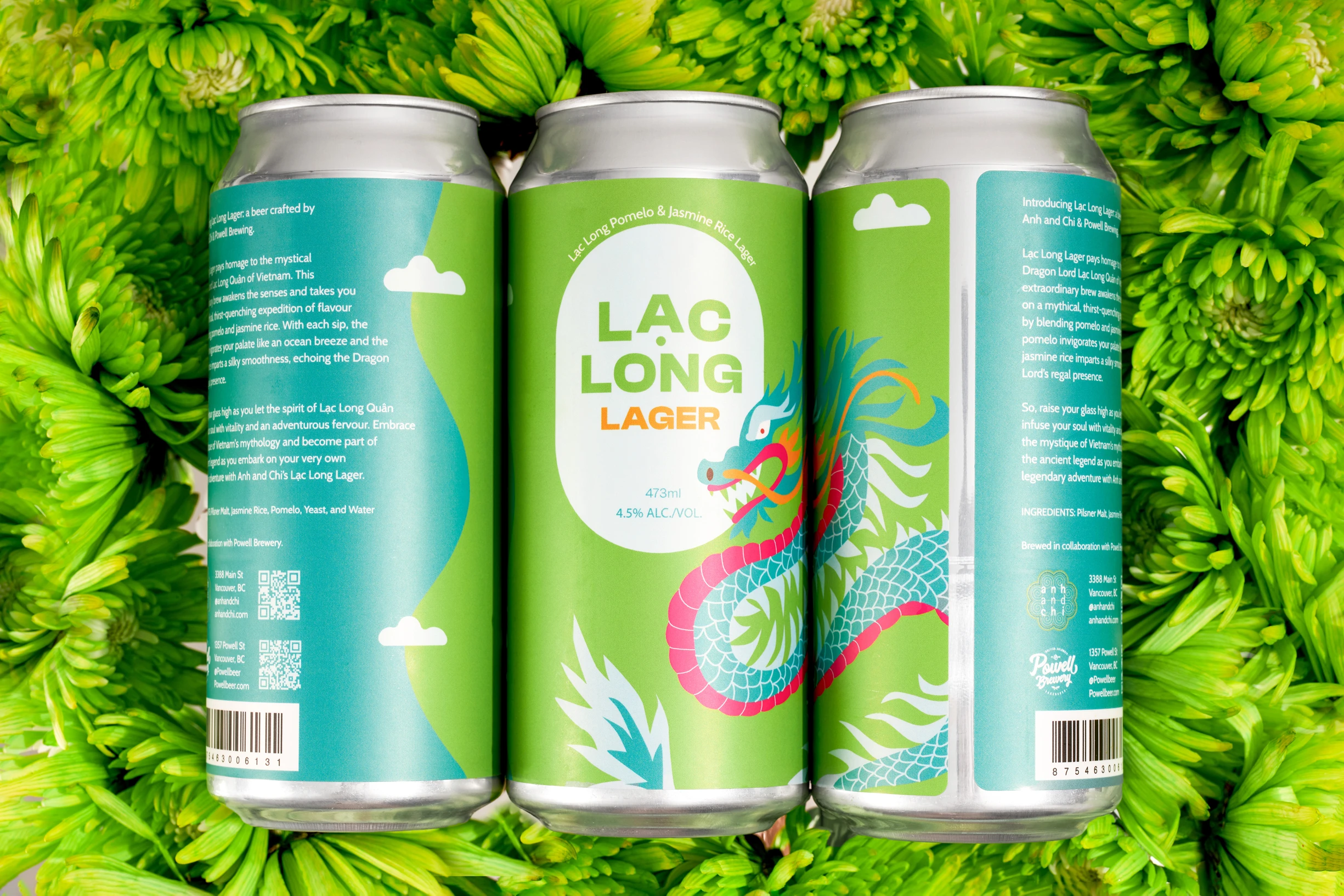 Three cans of Long Dragon Lager are displayed on a green background.