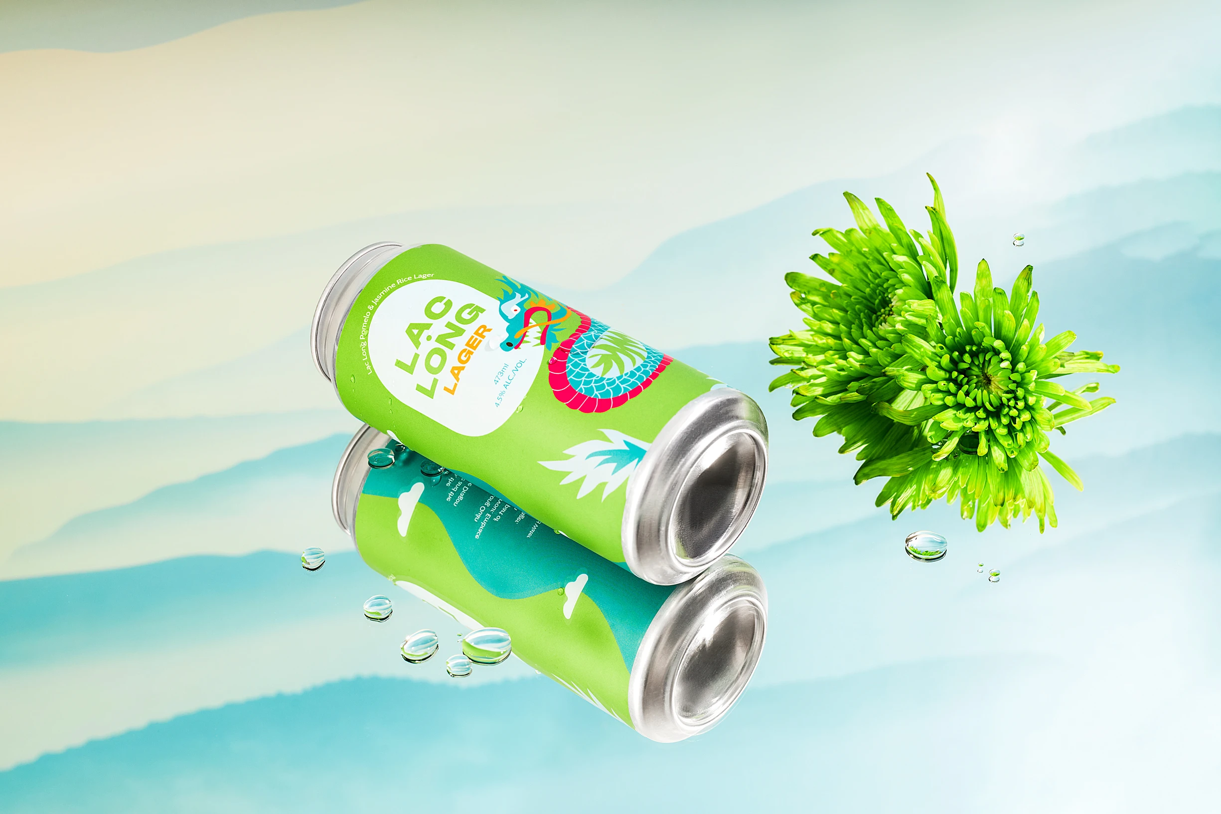 Three cans of Long Dragon Lager are displayed on a green background.