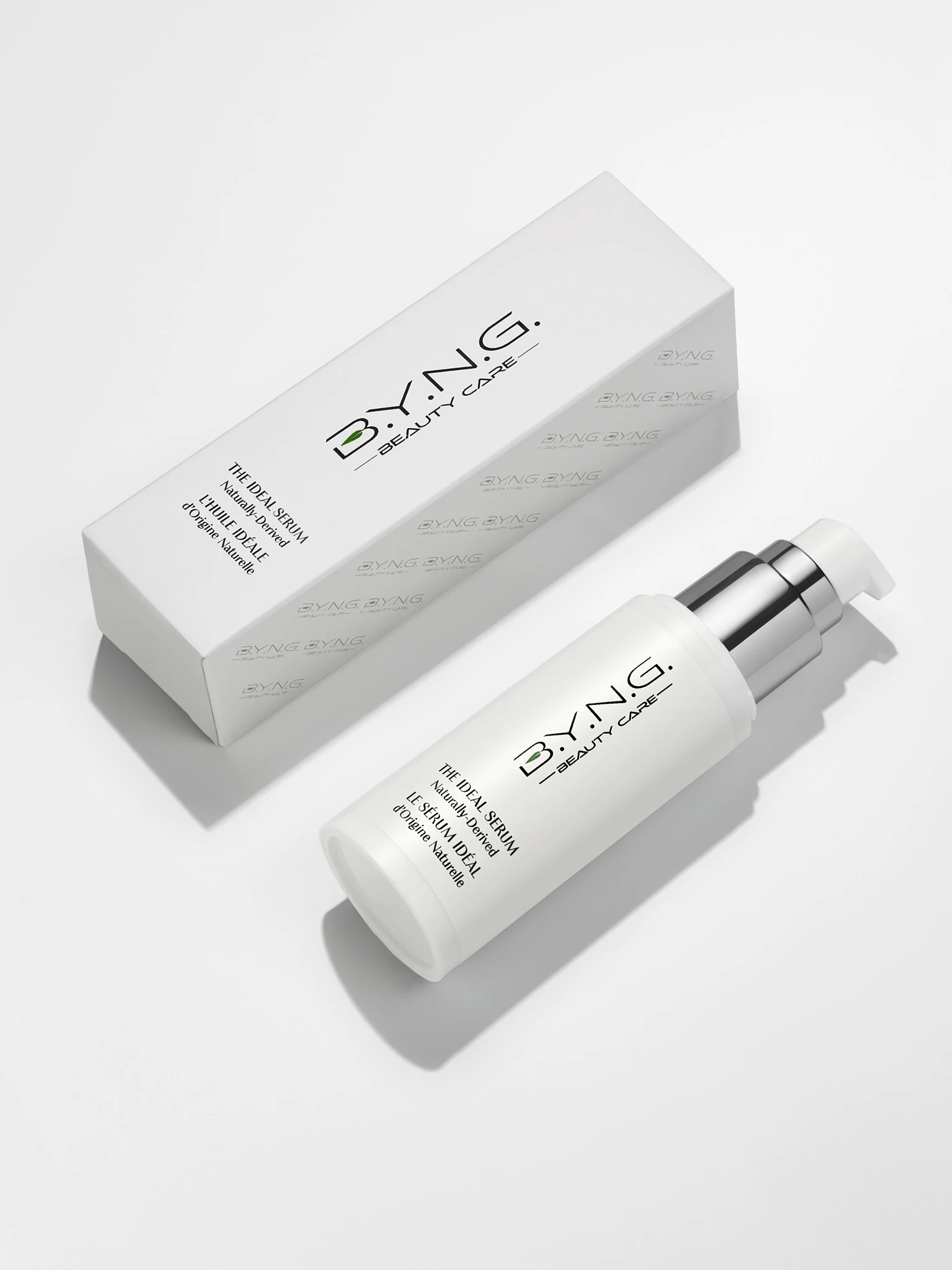 A white box with a white bottle of Byng moisturizing cream.