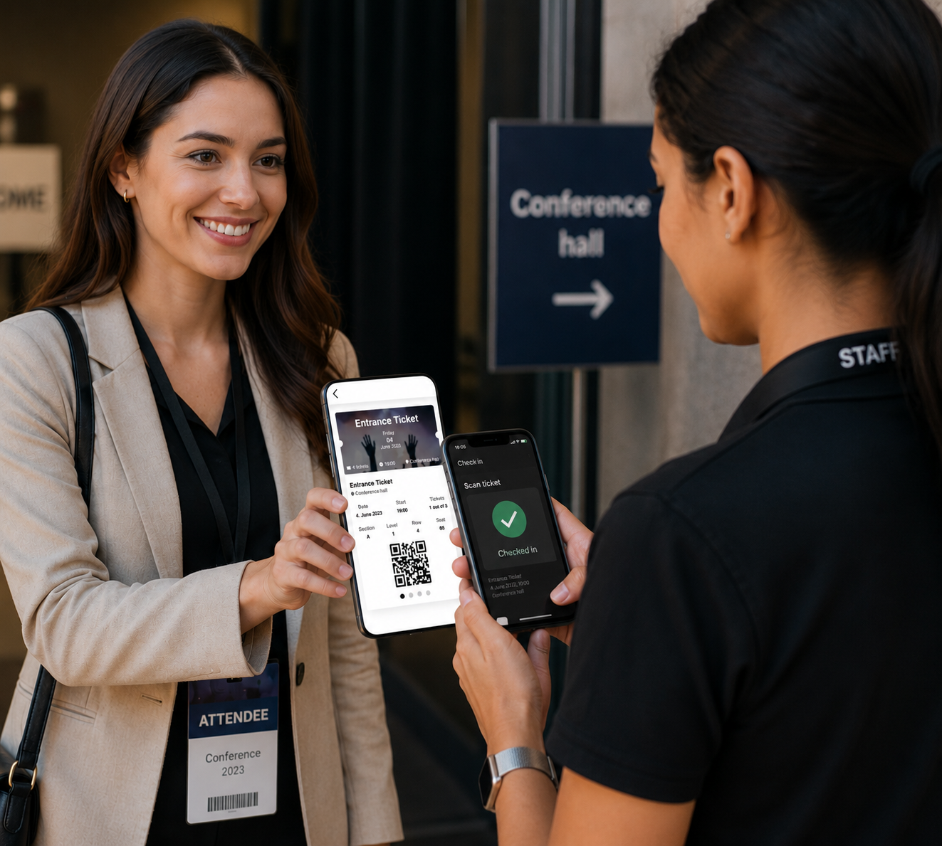 Attendee checking in at an event using a scannable digital ticket