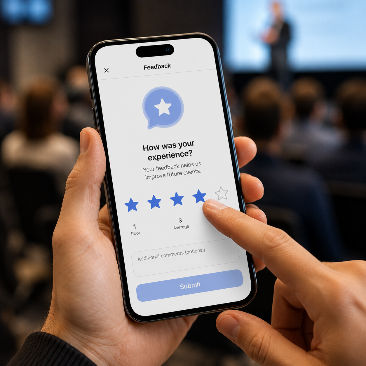 Attendee rating their conference experience with a five-star feedback scale on a smartphone