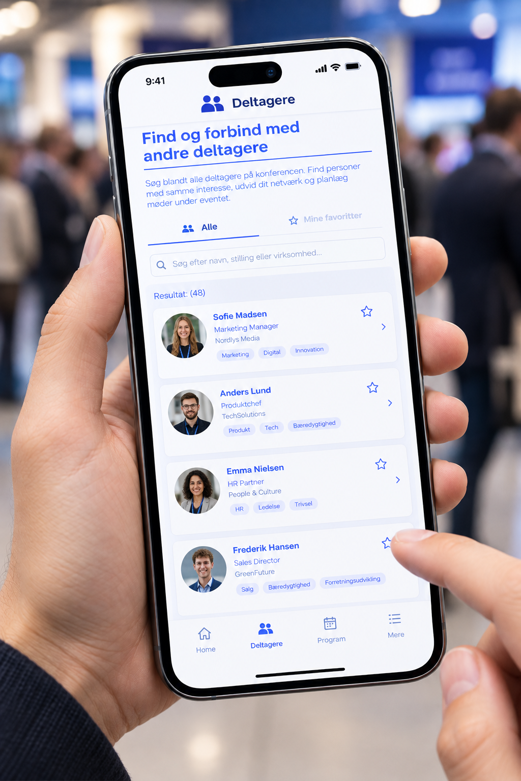 Attendee list interface showing conference participants on a smartphone