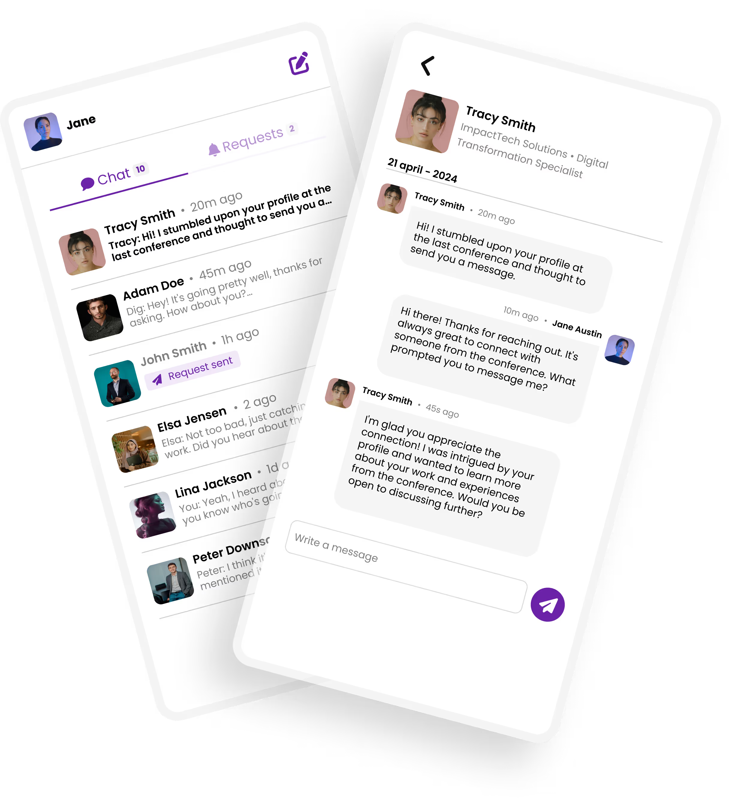 In-app chat conversation between conference attendees on a smartphone