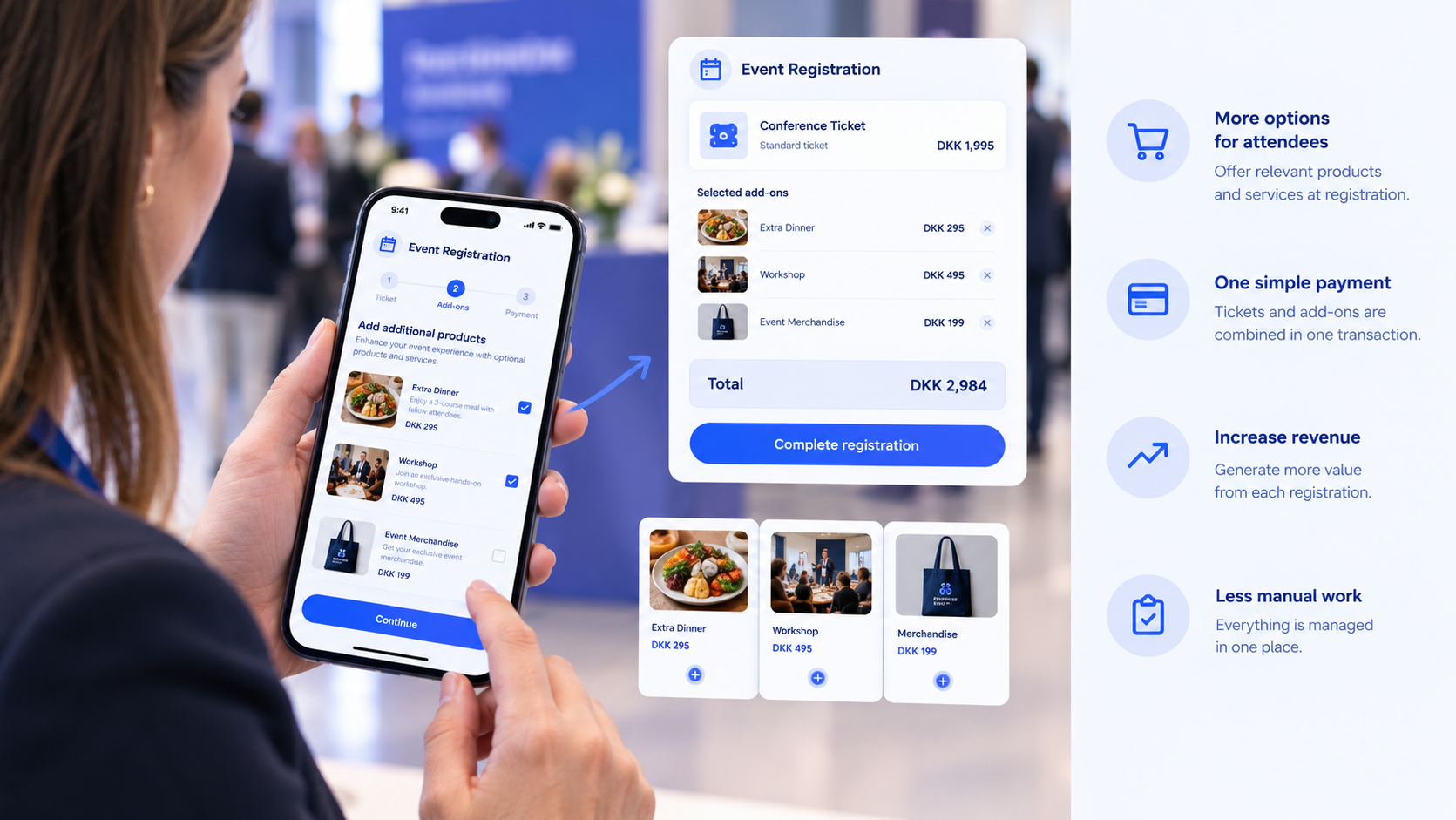 Attendee upgrading their event ticket with add-on options in GoodiePack's Upselling module