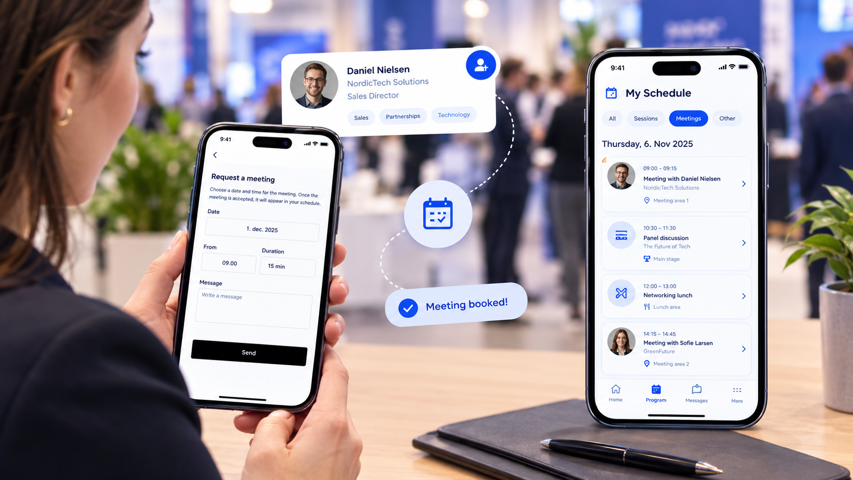 Attendee booking a meeting with an exhibitor on a smartphone