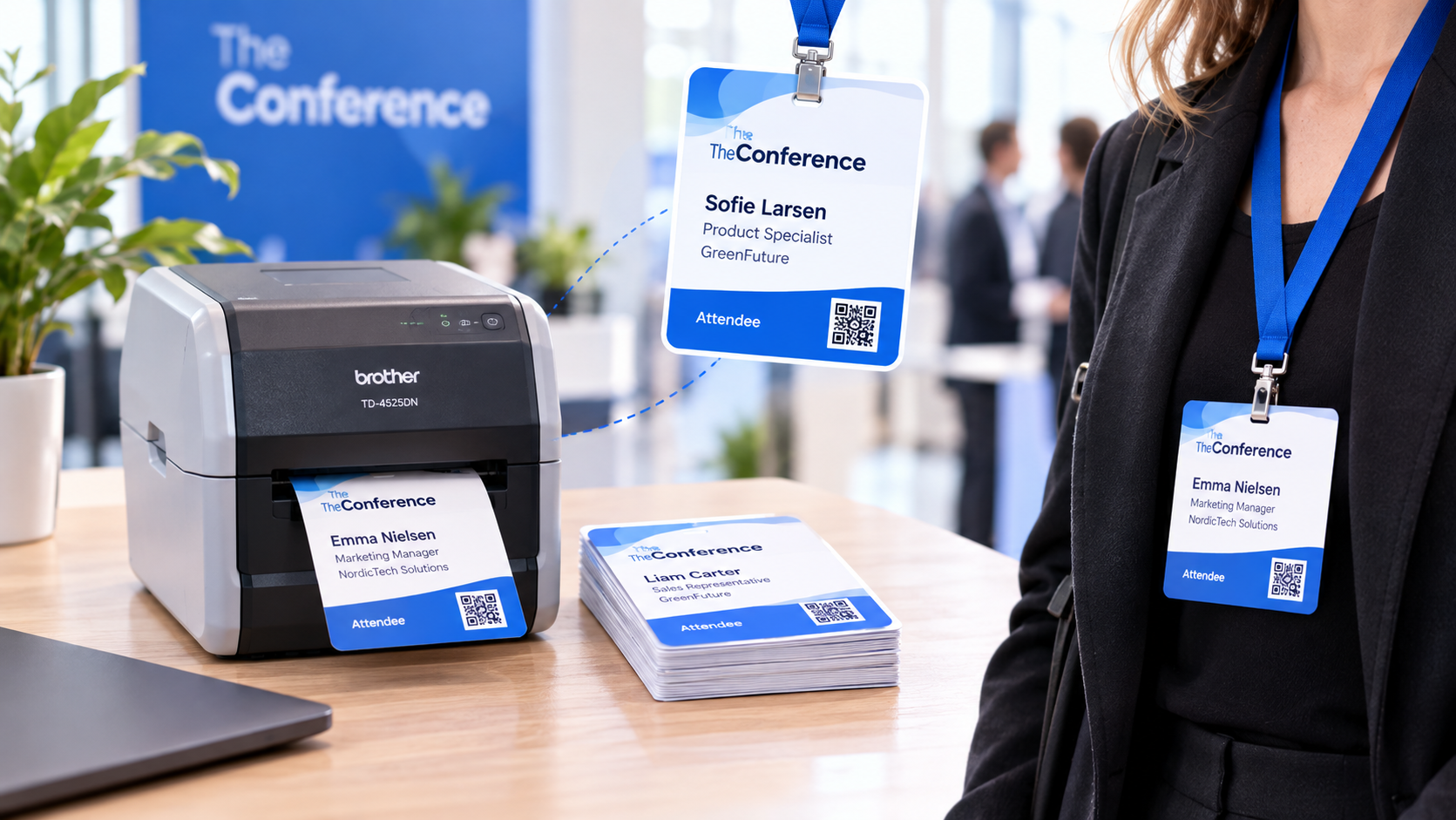 Digital name badge integration preview shown on a smartphone