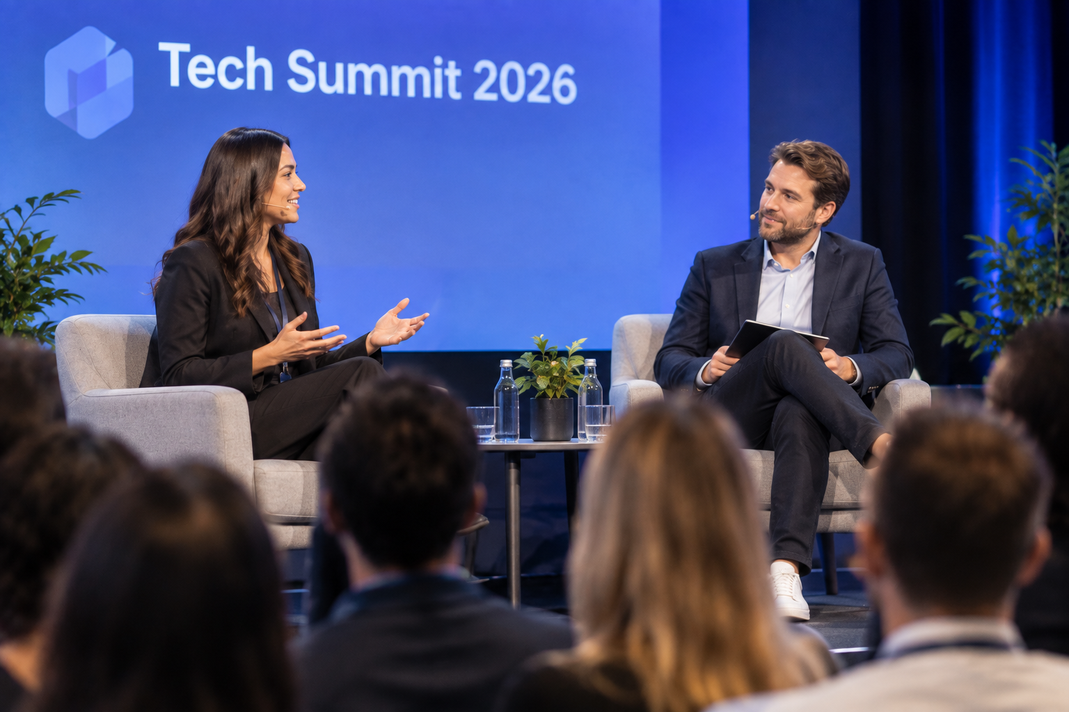 Conference speakers interacting during a live stage discussion