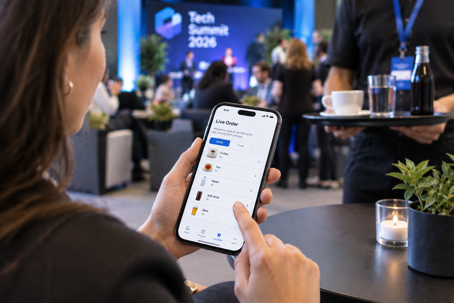 Conference attendee ordering food and drinks on a smartphone