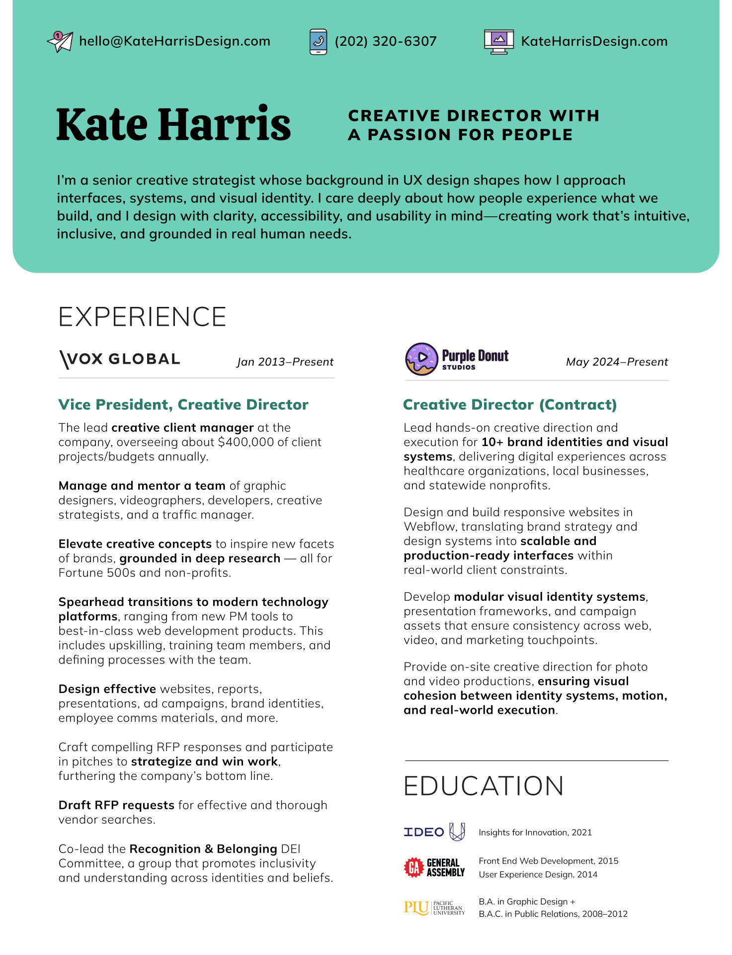 Kate Harris resume including skill graphic, experience description, and education.