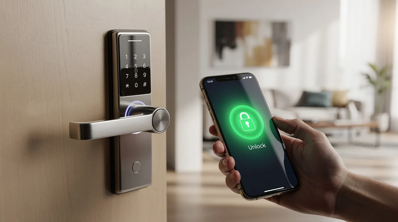 The image shows a modern apartment door with a smart door lock being opened using a smartphone, illustrating the convenience of technology for property owners in the short-term rental business. This automated access solution enhances guest experience and communication, making check-in processes more efficient for Airbnb hosts.