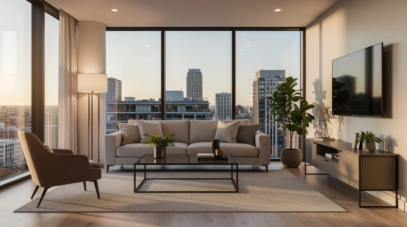 The image showcases a modern living room designed for a short-term rental, featuring stylish furniture and large windows that offer a stunning city view. This inviting space is ideal for Airbnb hosts looking to enhance guest experience and maximize revenue through effective property management systems and automation tools.