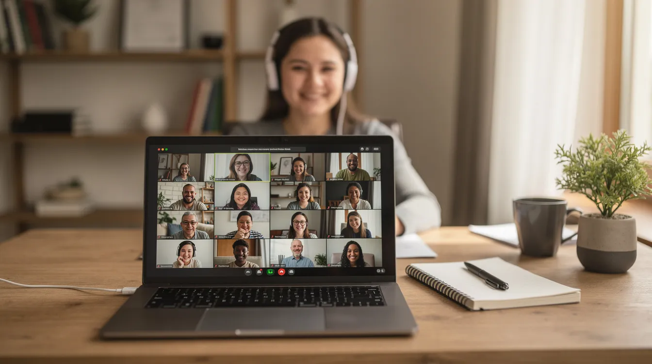 A person is engaged in a video call with multiple participants visible on their laptop screen, set in a cozy home office. This scene reflects the importance of guest communication and collaboration for Airbnb hosts in managing their short-term rental business efficiently.