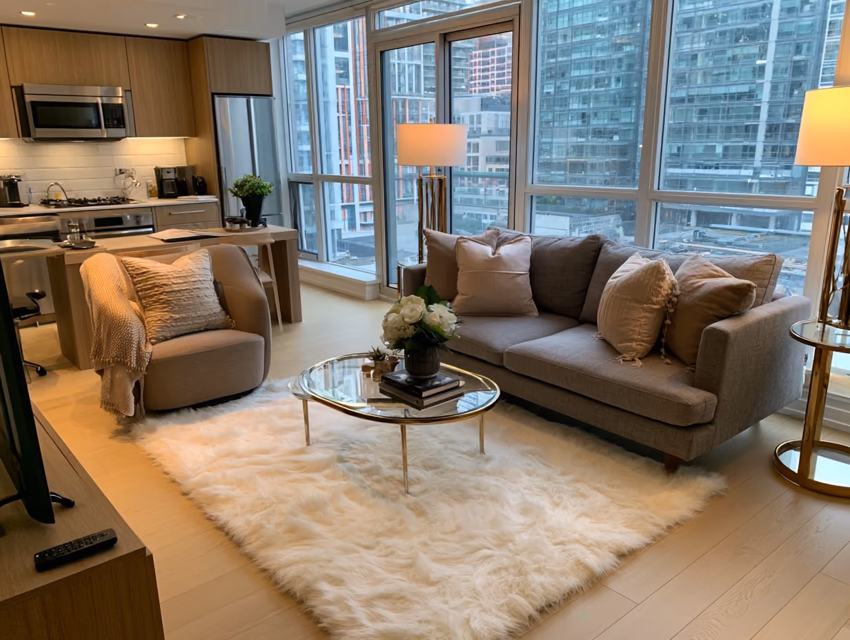 Well-equipped Airbnb interior showing a stocked kitchen, a workspace desk, and fast wifi