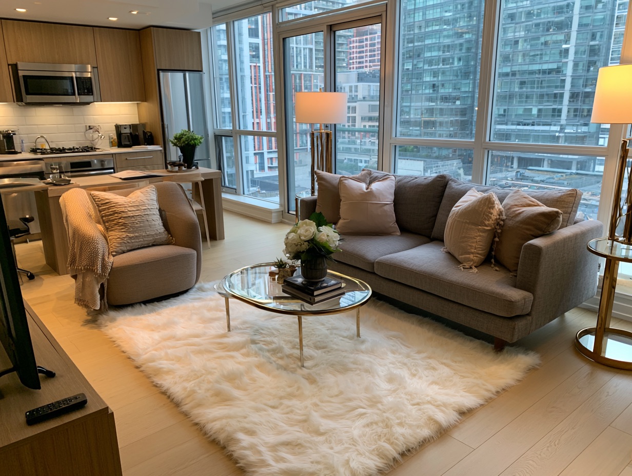 Well-equipped Airbnb interior showing a stocked kitchen, a workspace desk, and fast wifi