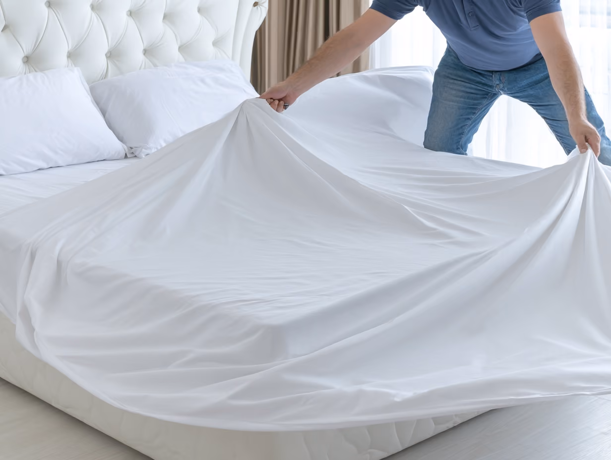 Host making a bed with fresh white linens during an Airbnb turnover clean