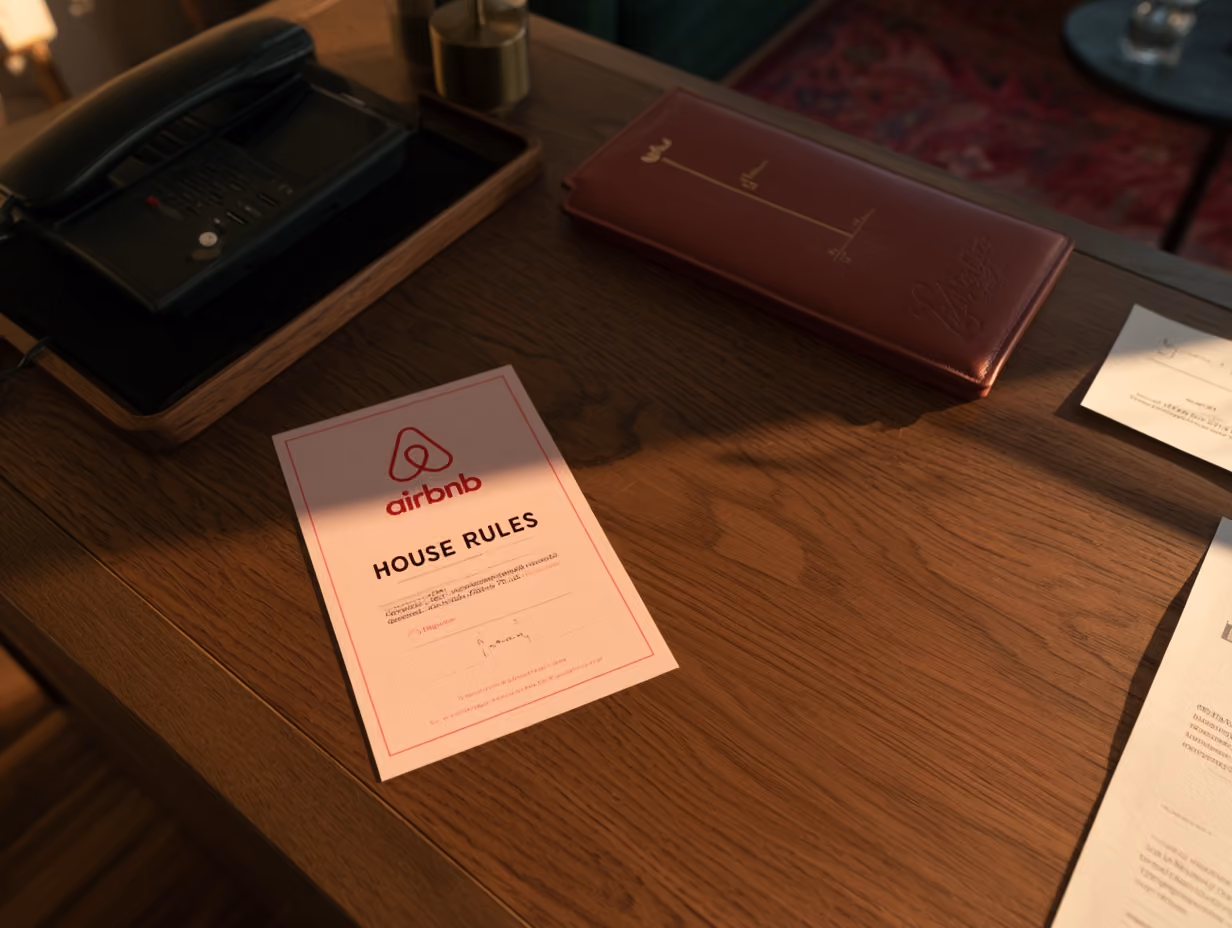 Printed Airbnb house rules card on the counter of a short-term rental
